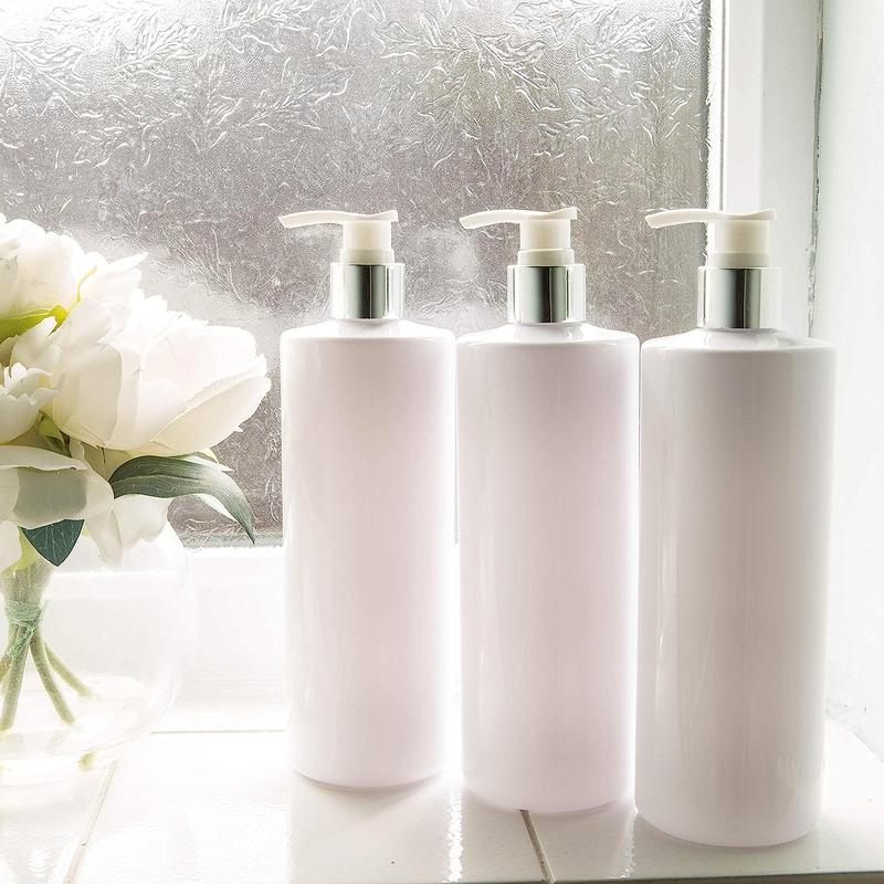 Set of 3 - 500ML Bathroom Dispenser Soap Pump. This sleek white cylindrical PET plastic bottle comes with a silver white lotion pump for convenient soap dispensing. Enhance your bathroom decor while keeping your hands clean and hygienic. Easy to refill 0