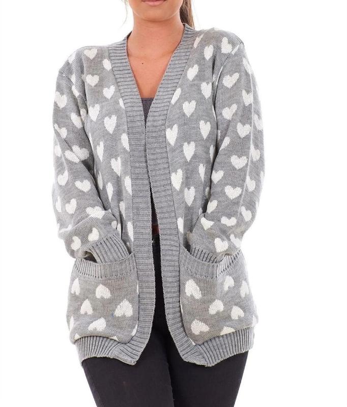 Cosy Printed Heart Open Front Pockets Long Sleeve Cardigan 2