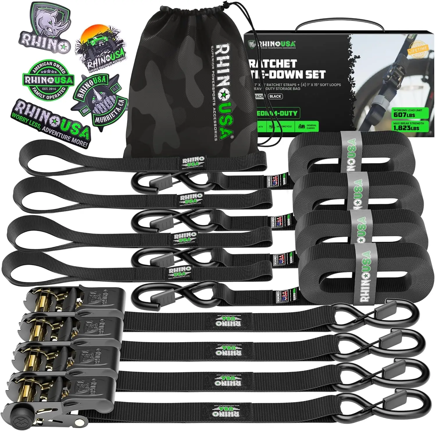 USA Ratchet Tie Down Straps (Set of 4) - 800 kg Max Break Strength, 2.5cm x 4.6m Tie Downs with Hooks (4pcs)
