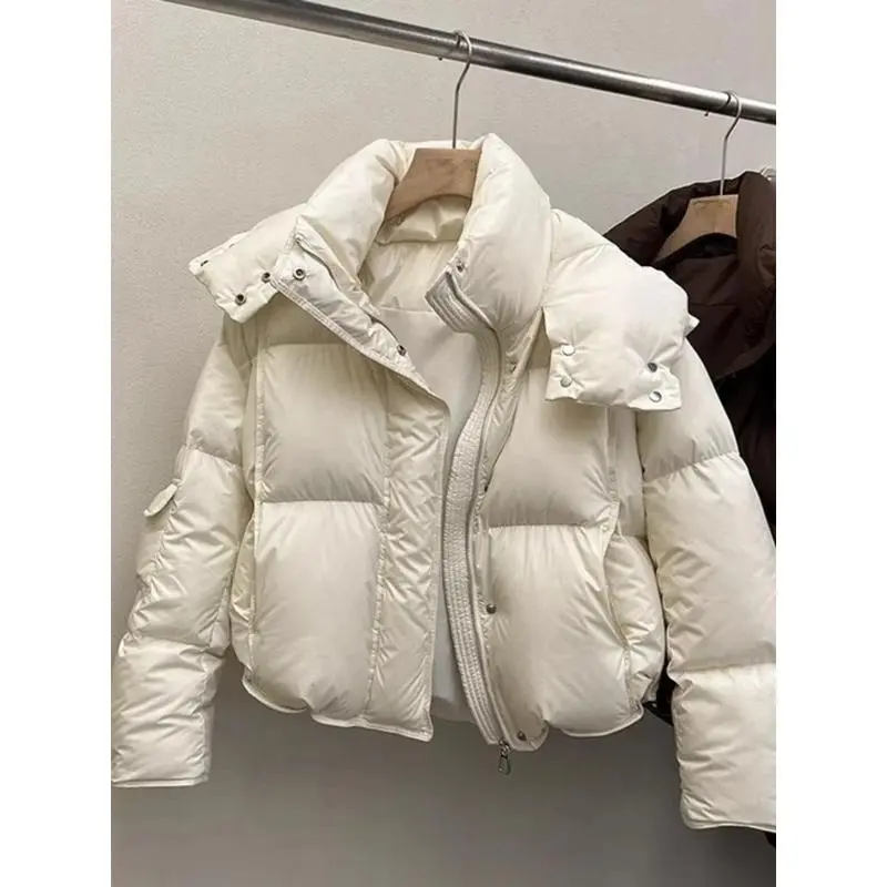 Women Puffer Jacket Winter Warm Thick Long Sleeve Oversized Hooded Short Parkas Mujer Female Solid Loose Crop Coat Outwear Womenswear Tops Underwear Lady Fitted Casual Comfort Basic Minimalist Outerwear 1