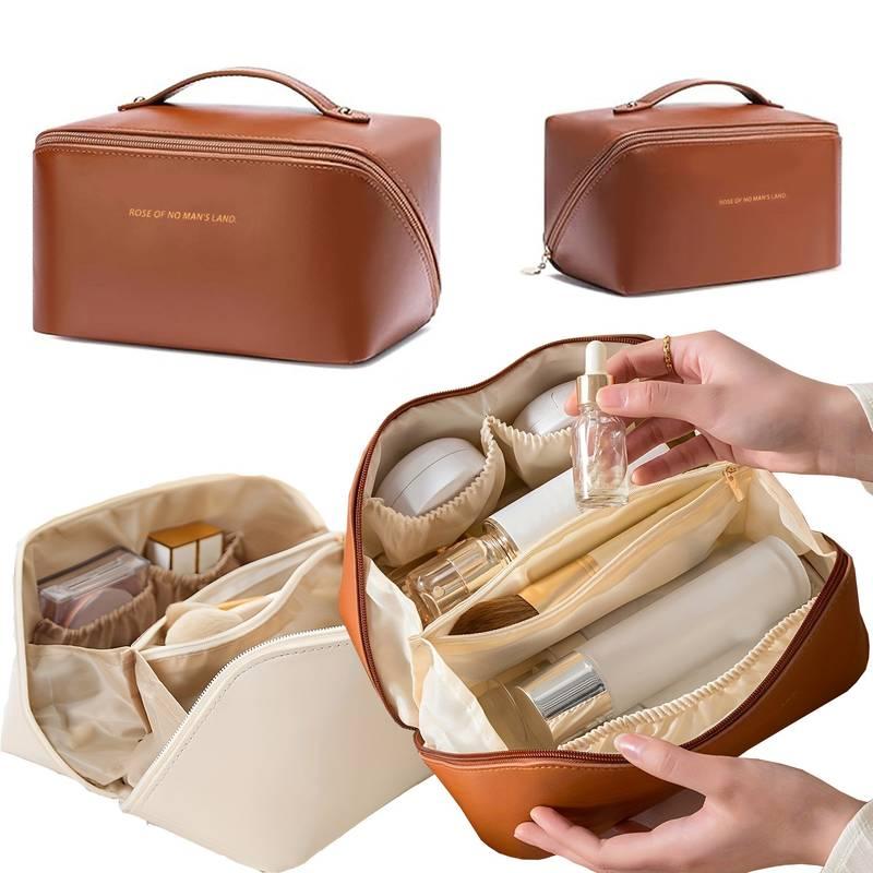 (Next Day Delivery) Women's Travel Makeup Bag – Large Capacity Cosmetic Travel Bag with Divider and Handle – Waterproof PU Leather Toiletry Organizer 5