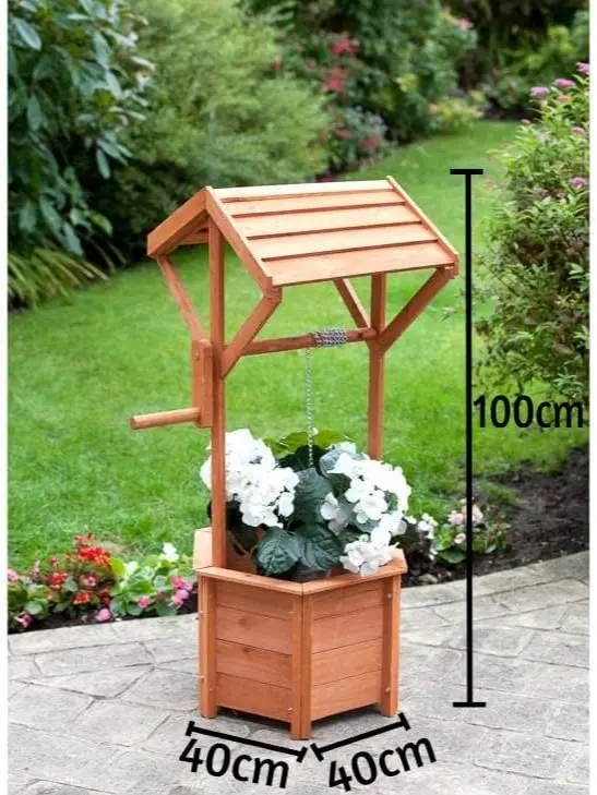 spot on dealz Wishing Well Planter Free Standing Plant Troughs Barrel Outdoor Display Flower Ornament Lawn Porch Decor Wooden Design Decorative Garden Feature 3