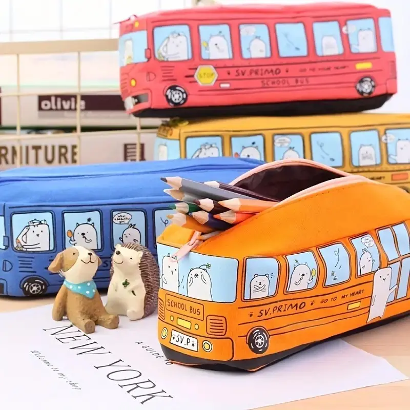 [Buy One Get One Free] [Free Shipping] Yellow and Orange Color Creative Cartoon Pencil Case, Student Bus Shaped Pencil Case, Cute Korean Version