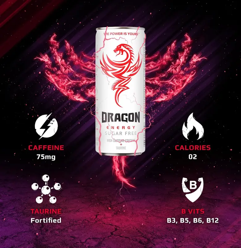 Dragon Sugar Free Energy Drink High Caffeine & Taurine, BVITS B3, B5, B6 & B13, 2 Calories, 24 x 250ml Cans 4