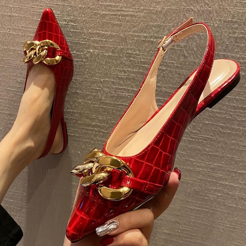Women's Trendy Chain Decor Flat Shoes, Stylish Point Toe Buckle Strap Shoes, Fashion Slingback Shoes 1