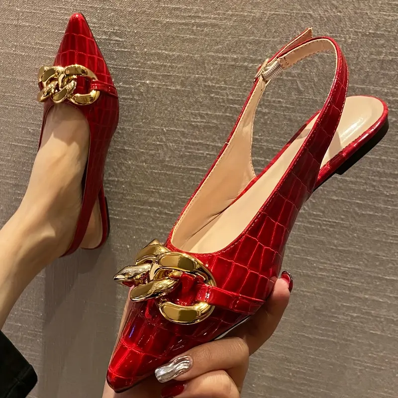 Women's Trendy Chain Decor Flat Shoes, Stylish Point Toe Buckle Strap Shoes, Fashion Slingback Shoes 1