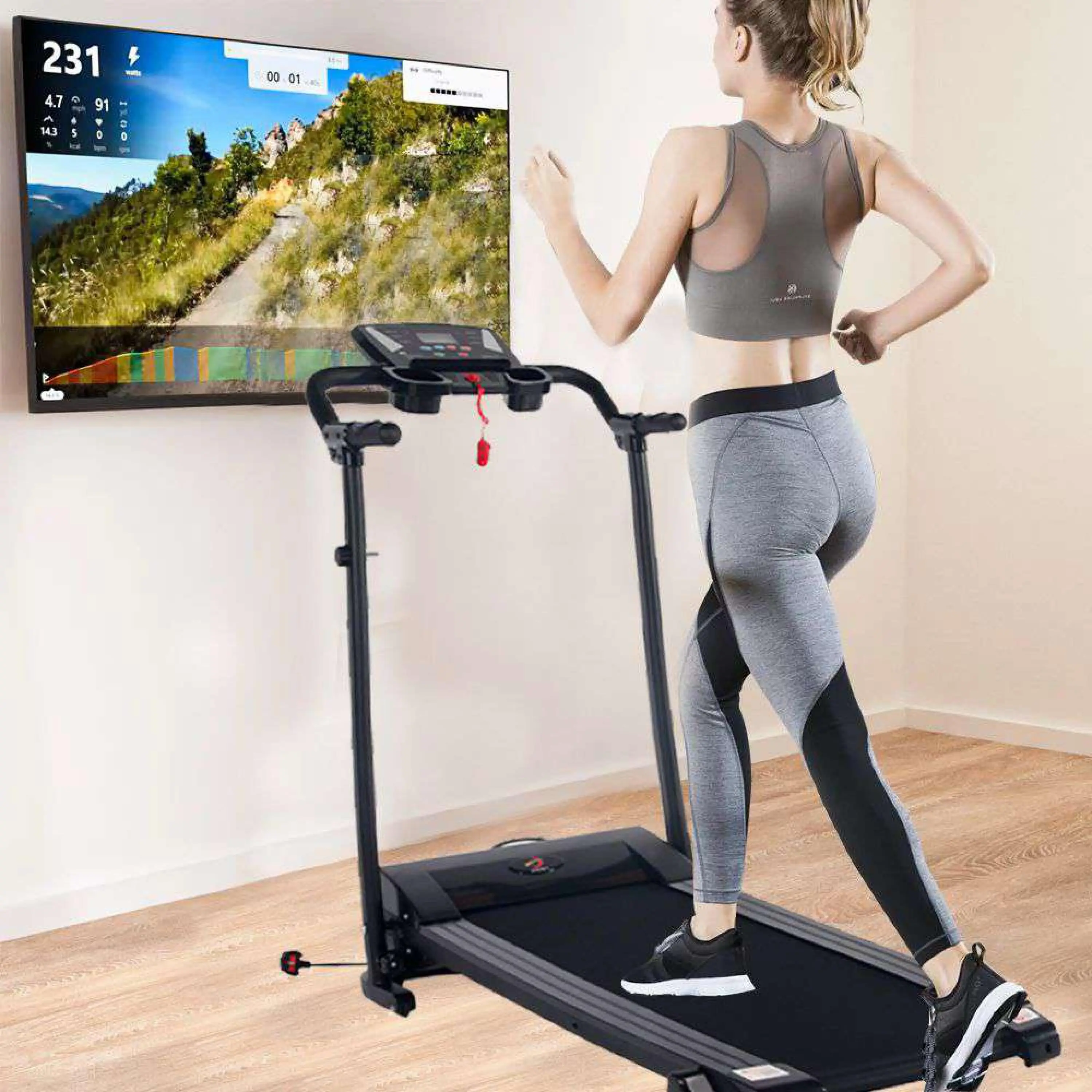 Bright Speedy sport Foldable Electric Running Treadmill Machines for Office & Gym Space-Saving Walking & Jogging Indoor Cardio Fitness Workout with Safety Key 1.5 HP Motor LED Display Phone & Bottle Holder Speed 1-12 KM/H 12 Running programs W. Cap 100KG