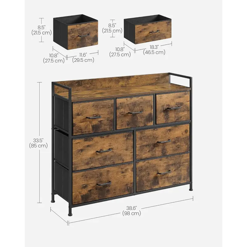 SONGMICS Chest of Drawers, Bedroom Cabinet, 7 Fabric Drawers with Handles, Metal Frame, Rustic Brown and Ink Black LTS137B01 2