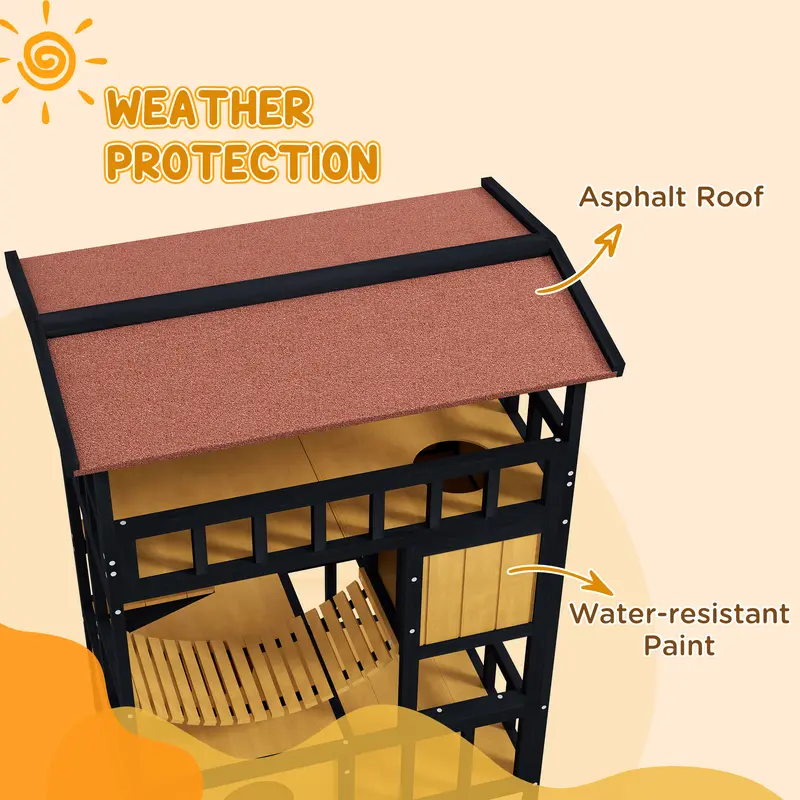 PawHut Cat House Wooden Cat Shelter Outdoor Cat House, 4 Tier Feral w/ Suspension Bridge, Balcony, Escape Doors, Water-Resistant Roof, for 1-2 Cats 4