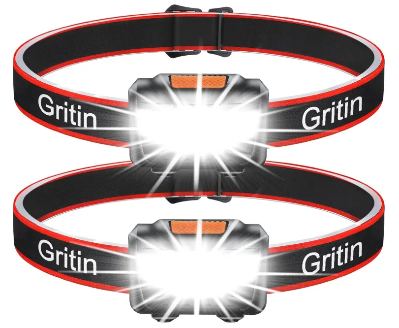 Gritin LED Head Torch, [2 Pack] COB Headlamp Super Bright Headlight, Adjustable with 3 Modes, Lightweight for Running, Camping, Fishing