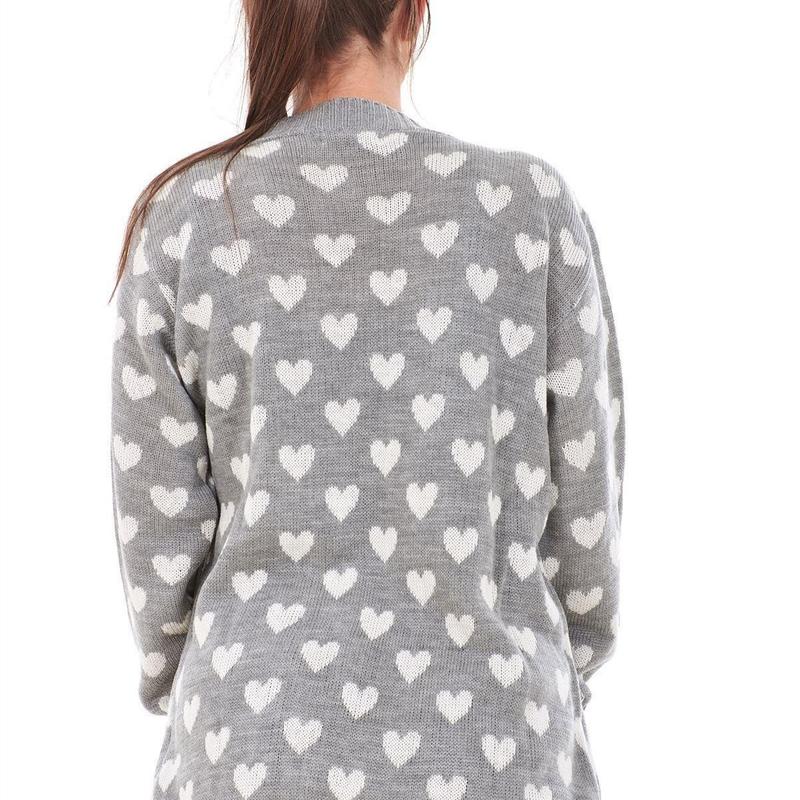 Cosy Printed Heart Open Front Pockets Long Sleeve Cardigan 5