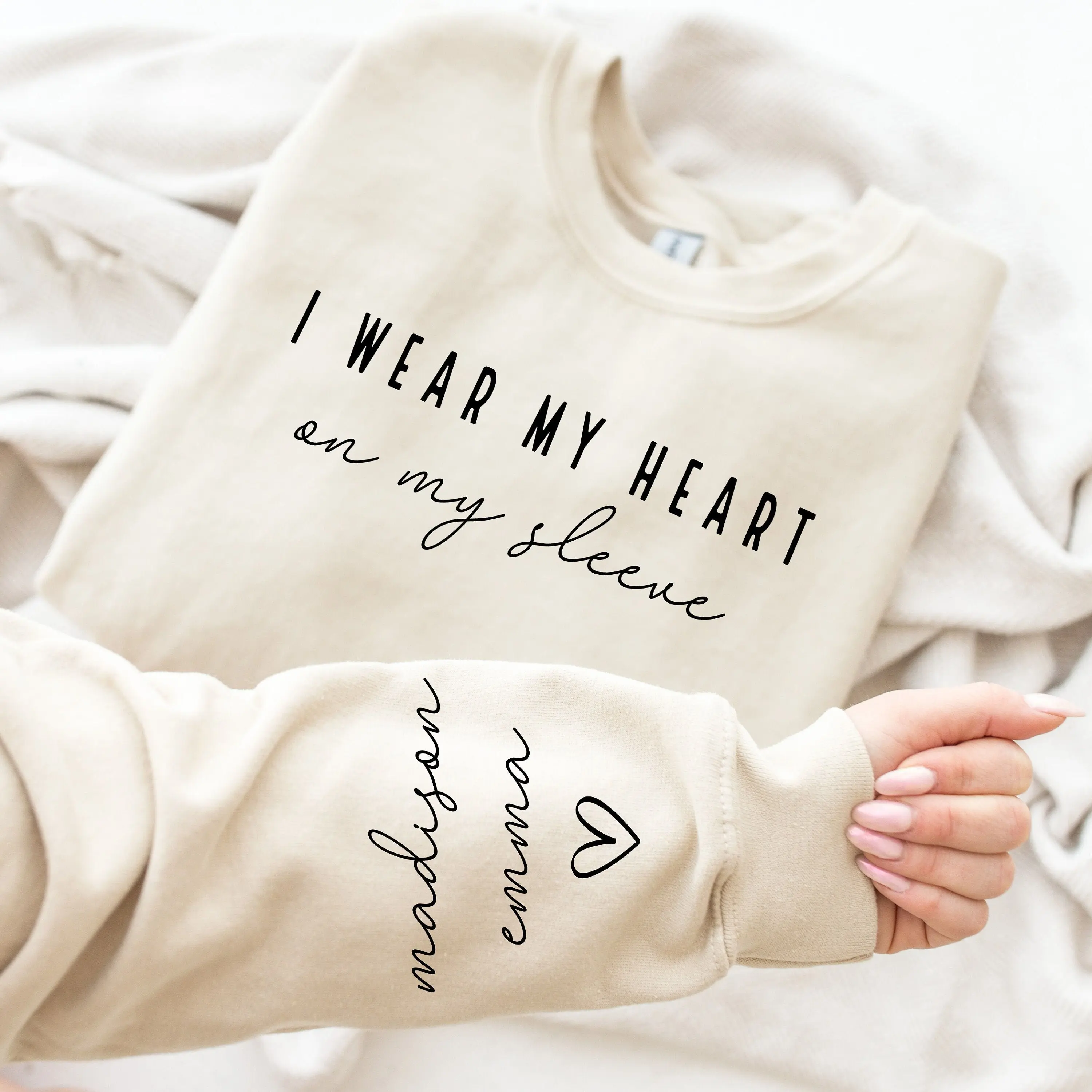 I Wear My Heart On My Sleeve Crewneck Or Hoodie Custom Mama Sweatshirt With Children Name On Sleeve Mothers Day Gift For Mom New Mommy