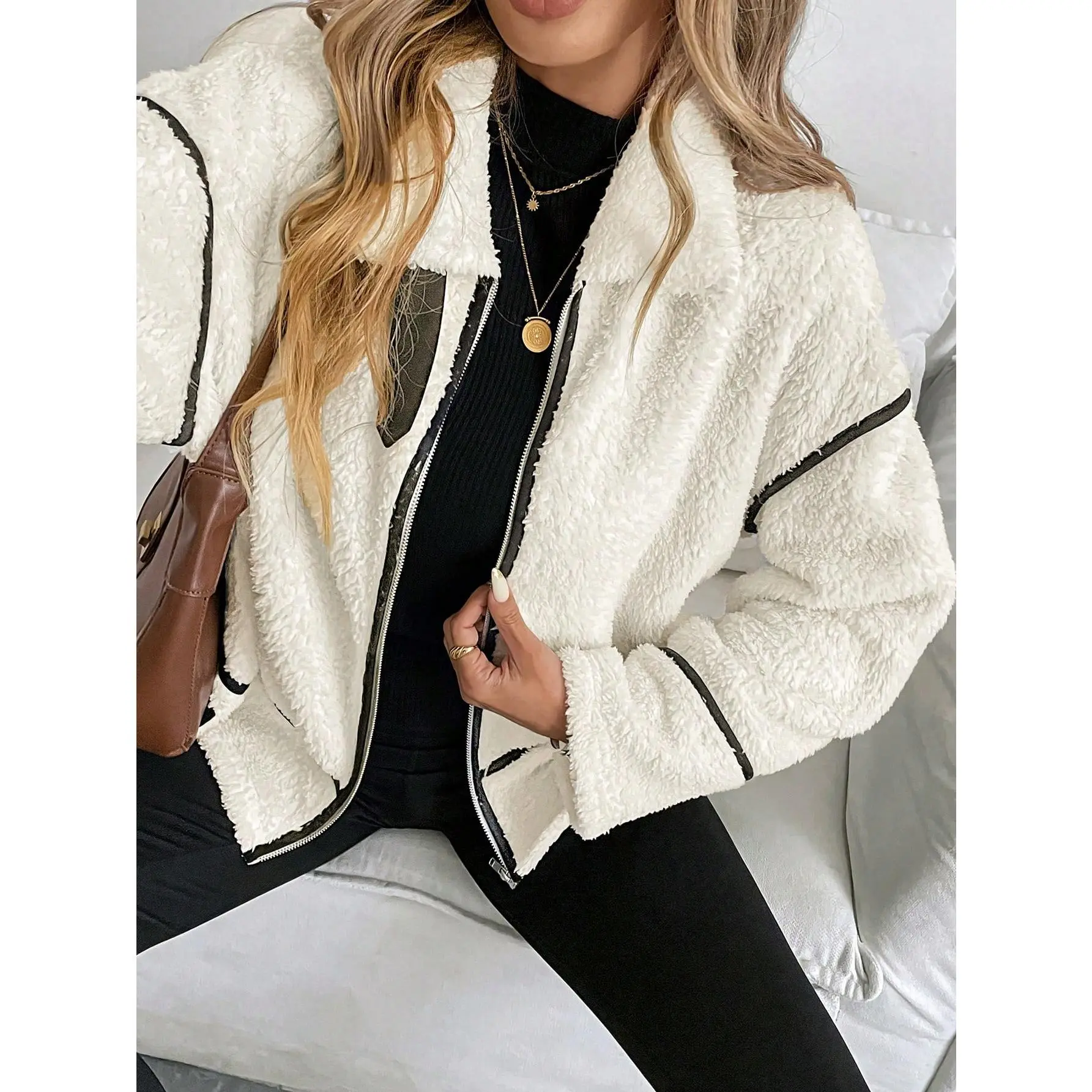Relaxiva Women Contrast Color Trim Zipper Fleece Casual Long Sleeve Jacket Fit Womenswear
