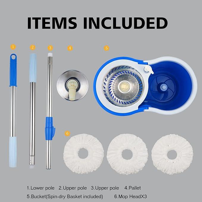Spin Mop and Bucket with Wringer Set, 360° Spinning System, 3 Microfiber Mop Heads, 61" Stainless Steel Handle for Floor Cleaning Adjustable Pet 2