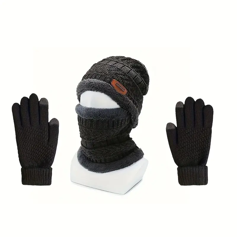 Men's Comfortable Knitted Hat + Scarf + Warm Gloves Three-piece Set - Thickened and Warm Fleece Lining Winter Accessories, Letter Patch Style Warm Hat and Warm Faux Sheepskin Scarf and Winter Men's and Women's Faux Sheepskin Full Finger Gloves 5