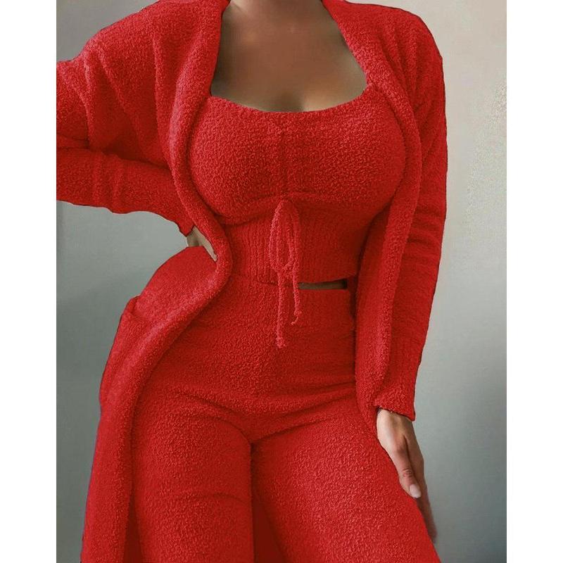 2024 New Winter Women's Velvet Pajamas Set Crop Top+Long Pants+Coat 3 Pieces Suit Warm Soft Fleece Homewear Pyjamas S-3XL 2