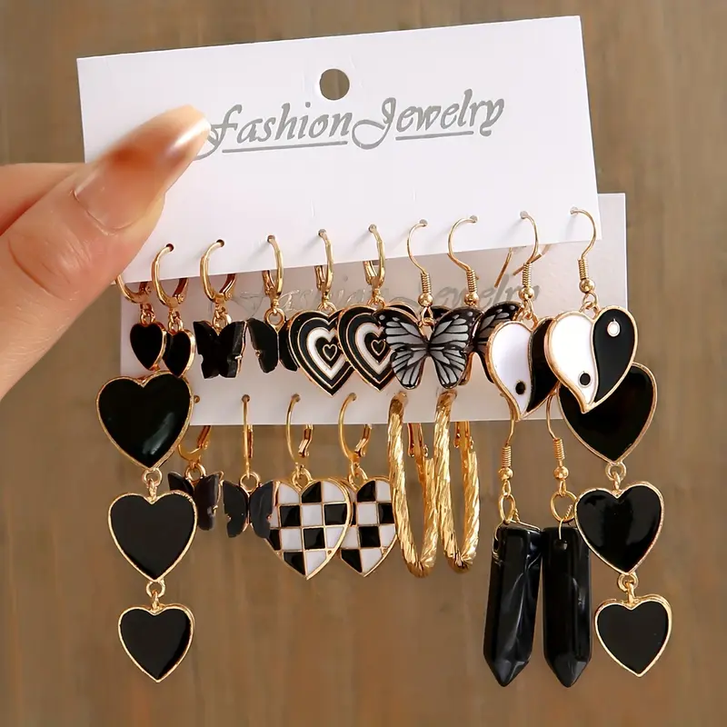 10 Pairs/ Set Hoop Earrings With Enamel Heart Butterfly Natural Stone Decor Y2K Punk Style Trendy Female Gift 0
