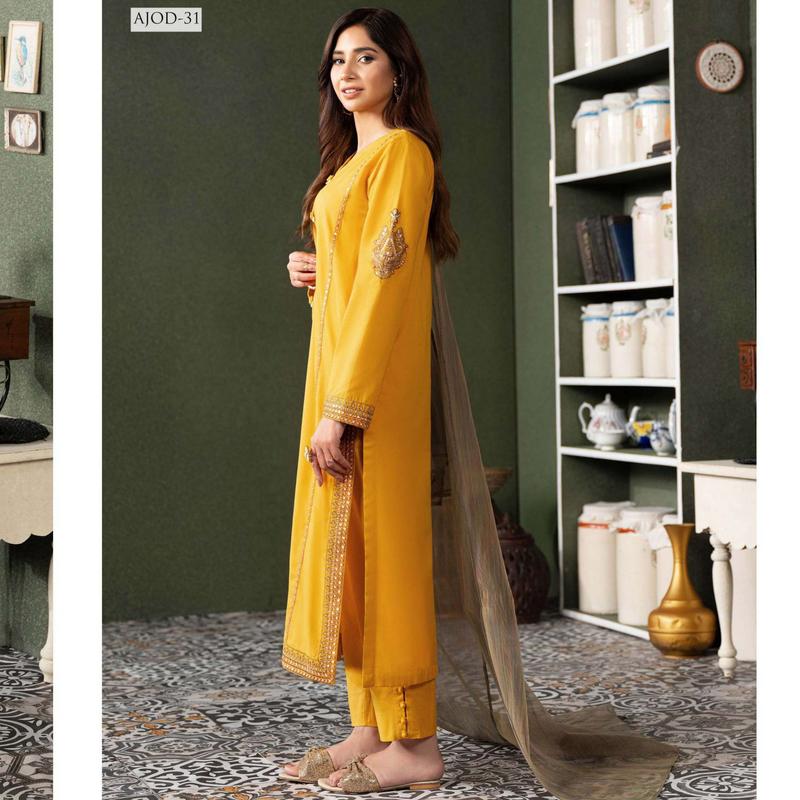 Outfit Of The Day Collection By Asim Jofa | Ajod-31| - 3 Piece Ready To Wear Cotton Embroidered Kameez With Dupatta Dress Fabric 1
