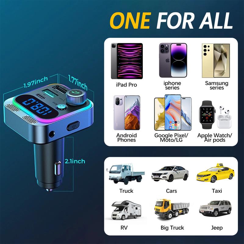 FM Transmitter for Car,Bluetooth 5.3 [Stronger Dual Mics & HiFi Deep Bass Sound] , 48W PD&QC3.0 Bluetooth Car Adapter, Hands-Free Calling, Larger LED, AUX Output & U Disk 8