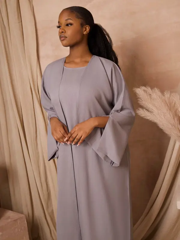 Trinidad Grey Abaya-(linen abaya+linen inner dress+chiffon scarf) 1