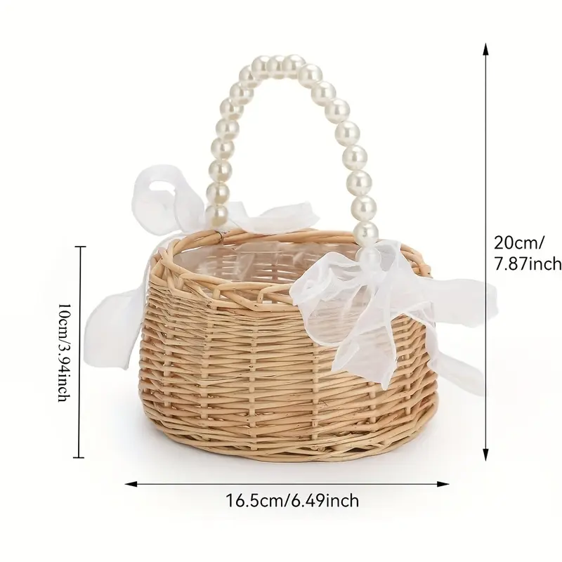 A Handcrafted Wicker Flower Girl Basket with a Pearl Handle And Bow - Ideal for Weddings, Easter, And Party Gifts (Brown) 3
