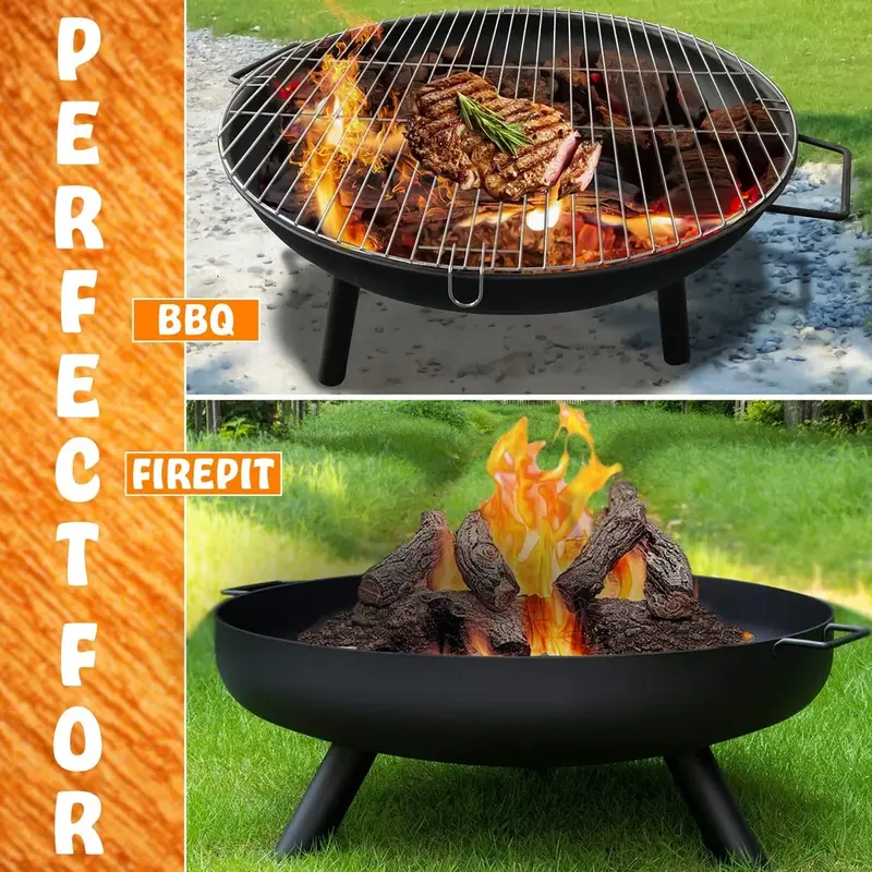 23" Large Round Steel Fire Pit Garden Patio Camping Heater Burner Bowl BBQ Gril Outdoor Fire Pit, Garden Patio Heater Charcoal Log wood Burner for BBQ Camping Picnic Patio Steel Fire Bowl Grill 6