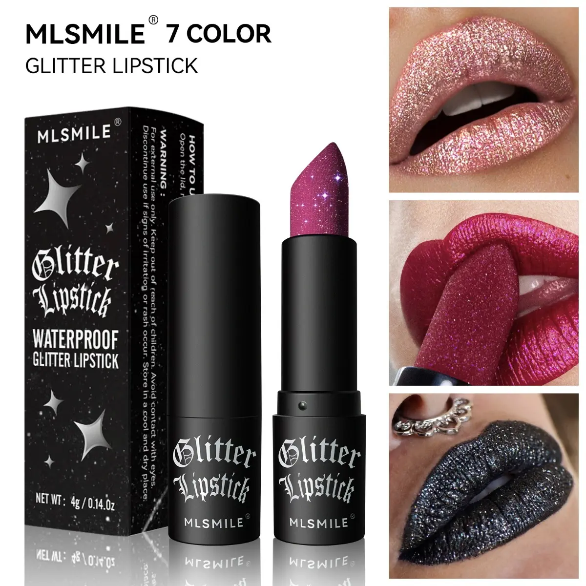 MLSMILE 7 Colors Matte Lipstick Non-stick Cup Long-lasting Waterproof Christmas Velvet Black Sparkling Diamond Lipstick Lipstick Dark Vampire Halloween Makeup