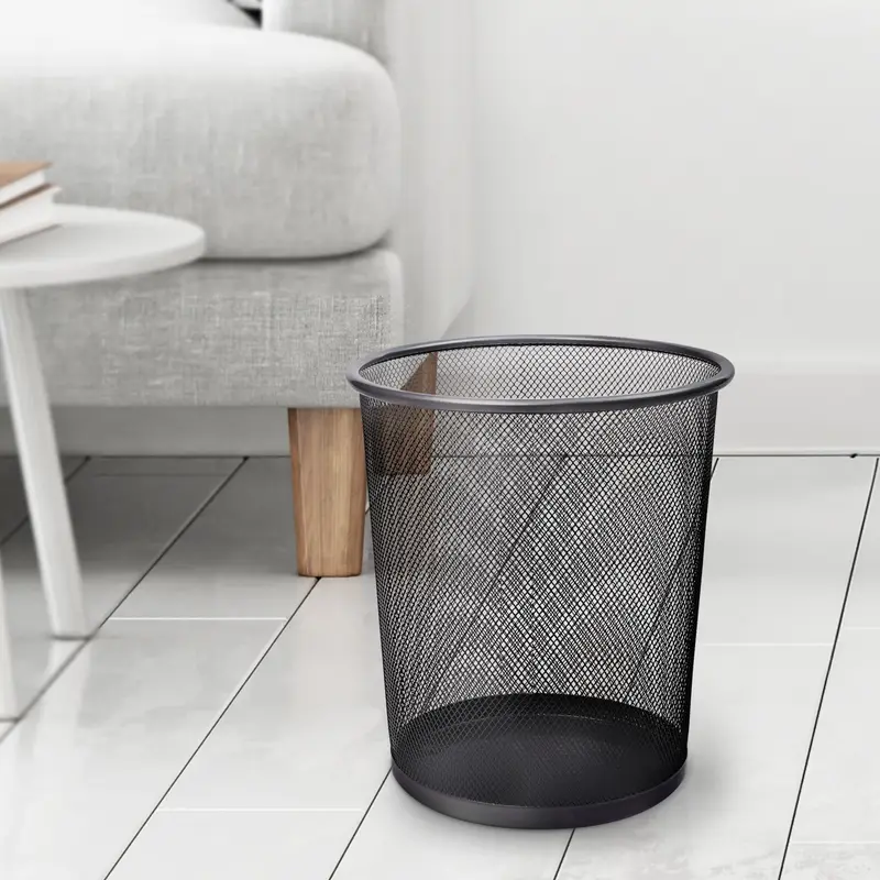Round Trash Can - Black Non-slip Mesh Bin, Stylish & Sturdy Metal Waste Paper Bin for Home, Bedroom, Office, Bathroom, Living Room & Kitchen - Indoor Garbage Bin with Sleek Design 1