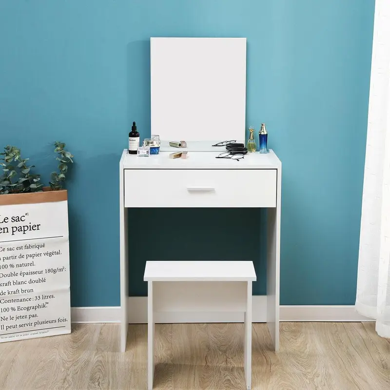 Hampton & Stewart Modern Dressing Table Makeup Desk with Drawer Mirror White Bedroom Vanity Set 0
