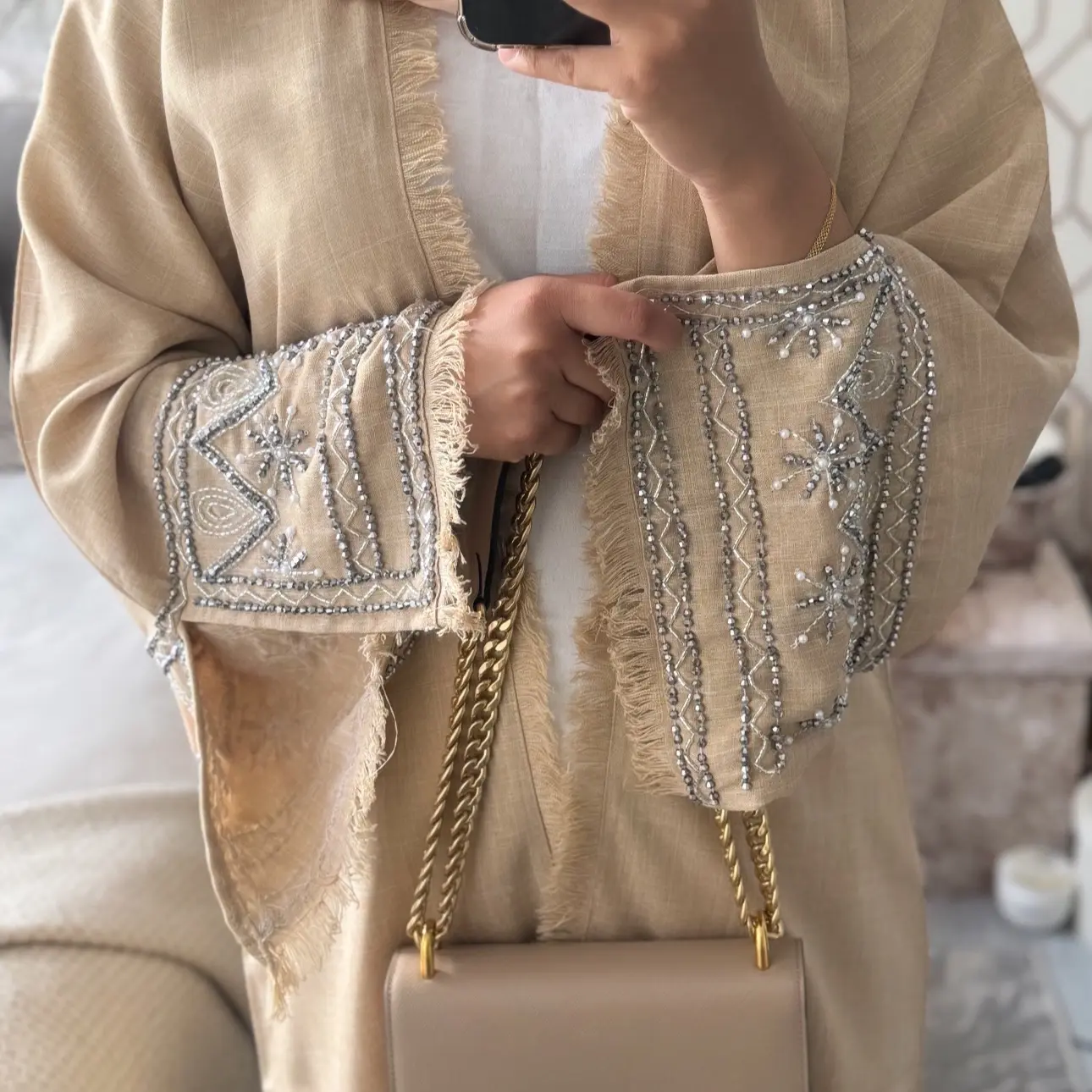 TaHaa Abayas - Embellished Linen Open Abaya - 3 Piece