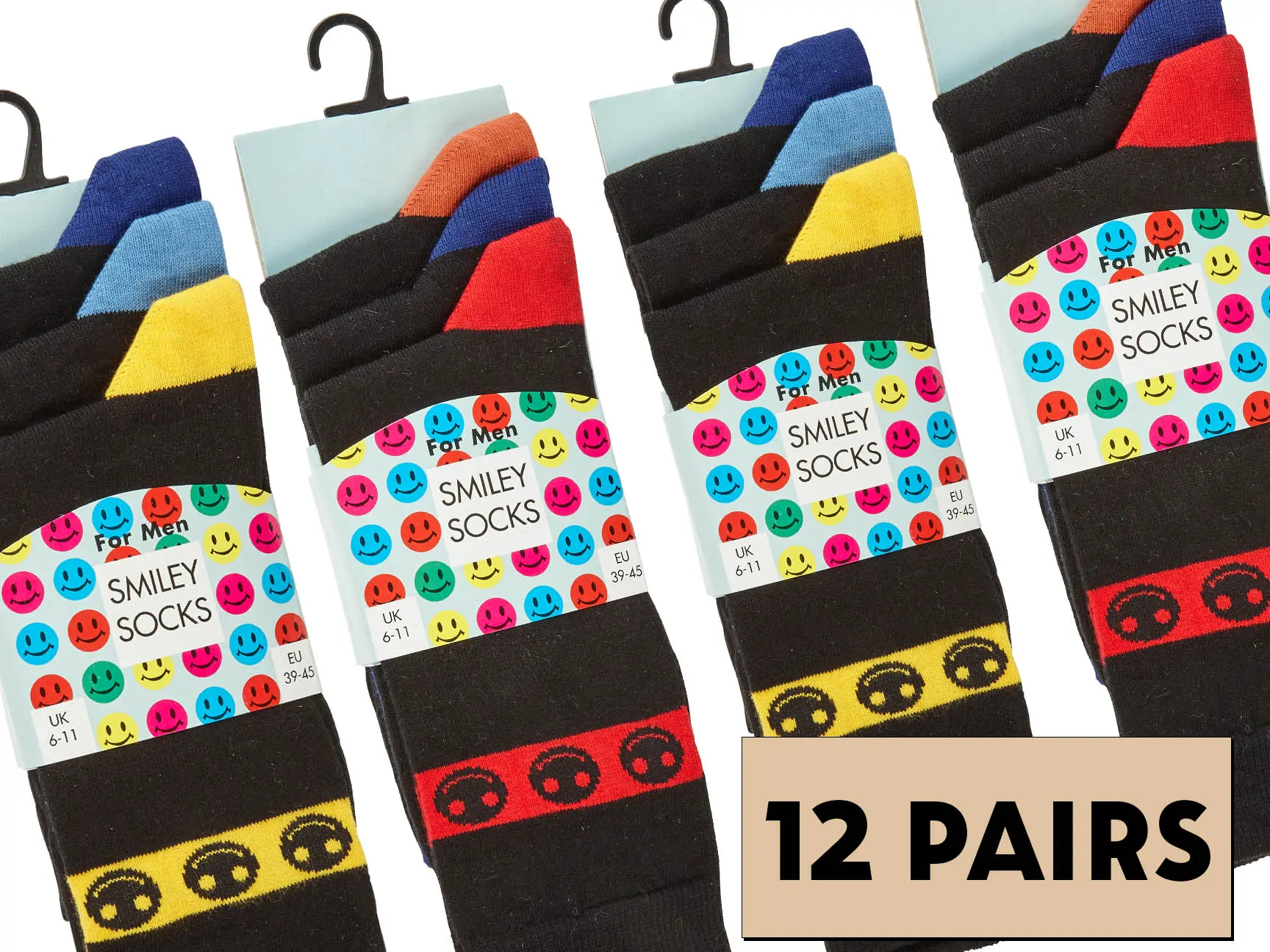 Pack of 12, Cheerful Smiles - Men's Smiley Face Socks Set, Size 6-11 Colorful