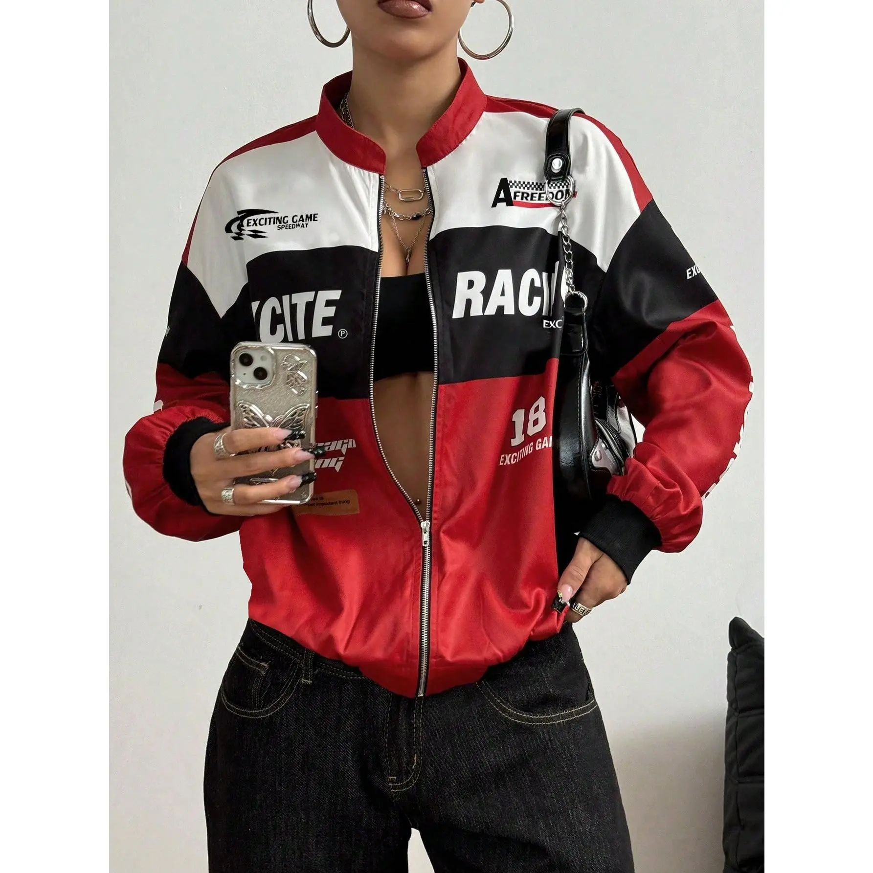 PETITE Letter Print Contrast Color Drop Shoulder Bomber Jacket For New Year Clothes Long Sleeve Collar