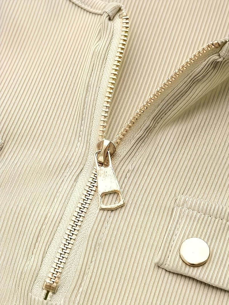 Product Introduction of Solid Ribbed Zipper Front T-Shirt, Casual Long Sleeve T-Shirt For Spring & Fall, Women's Clothing 18
