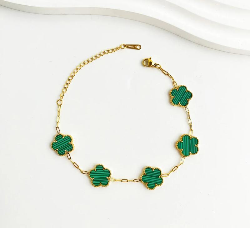 Dammie Store Stainless Steel Bracelet with Double-Sided Clover and Butterfly Design, 18k Gold Plated for Casual, Birthday, Party Bracelet 7