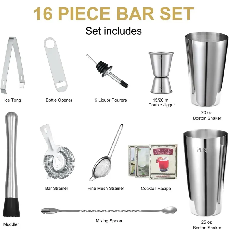 Professional Bartender Mixer - 16 Piece Cocktail Set with Stainless Steel Shaker - Utensils