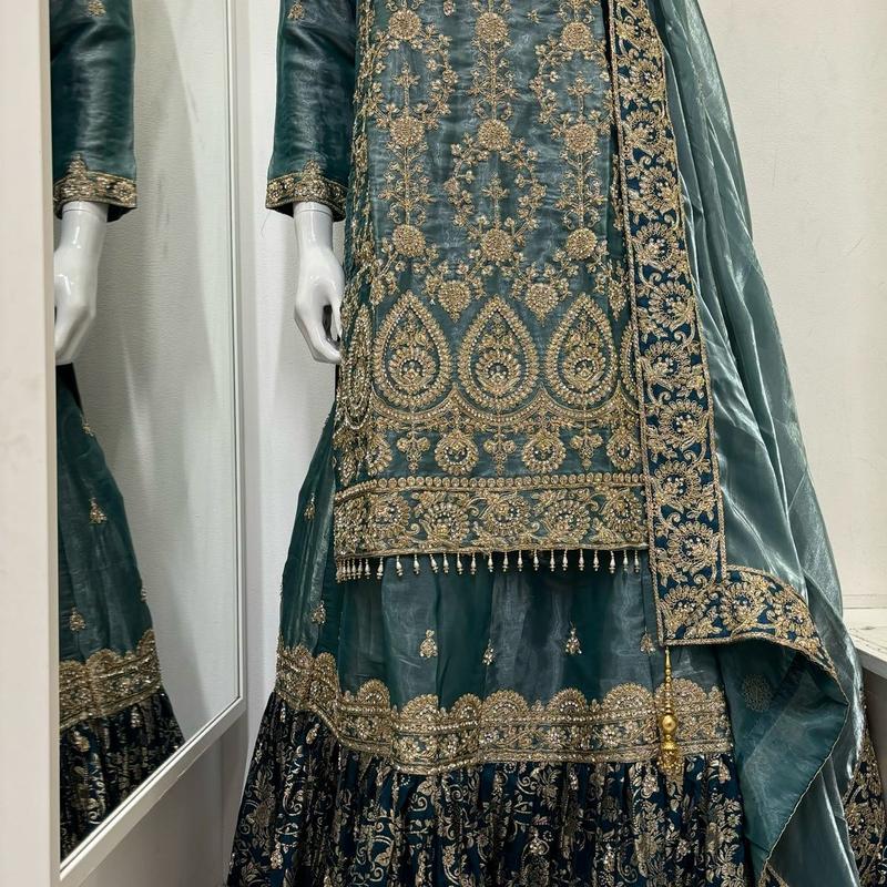 Teal colour Embroidered Farshi Lengha Suits for Women - Gul Wedding Collection (3 Pieces) - Traditional, 2