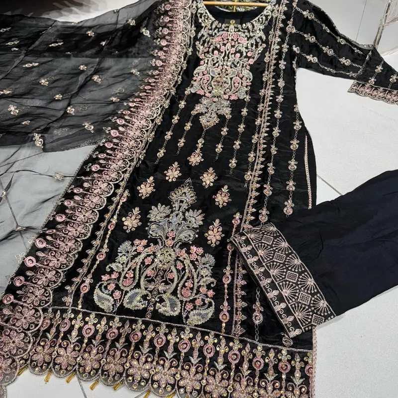 4 Colours BEGUM salwar kameez 3 piece Pakistani suit embroidered stonework S-XL 3