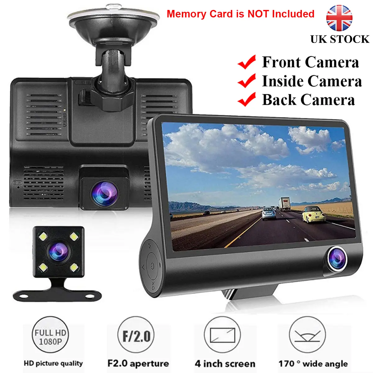[UK Seller] High Quality 3 Lens Dash Cam Front & Rear & Inside 1080P Full HD Car DVR Camera with Smart G-Sensor, 4.0" LCD Display Screen, Front Wide Angle: 170°, Reversing: 140°, Ideal Gift for Husband, Wife, Girlfriend, Boyfriend and Family Members