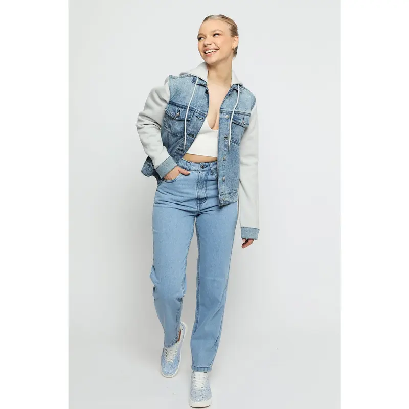 HOODED DENIM JACKET - MID BLUE 1