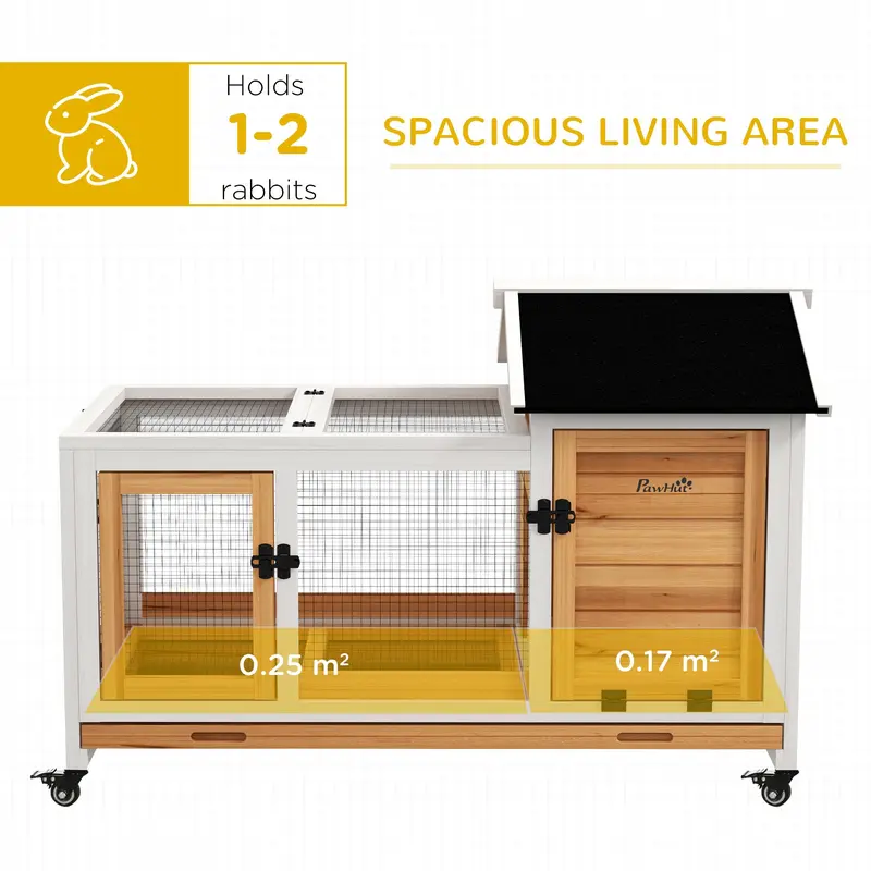 PawHut Wooden Rabbit Hutch, Guinea Pig Cage, with Removable Tray, Wheels - Yellow 3