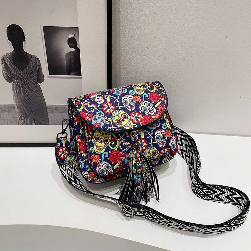 Twisted Crazy Skulls Cross-body with Tassel Stud Detail & Wide Strap