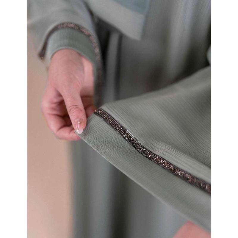 Mint Green Closed Abaya with Silver Sleeve Detail 5