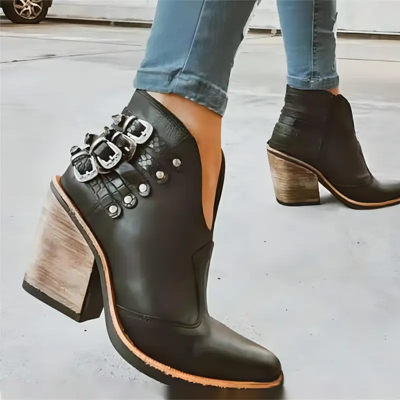 Women's PU Ankle Boots - 5 Buckle Straps, Round Toe, Block Heel, Soft Flannel Lining, Rubber Sole, Zipper Closure 4