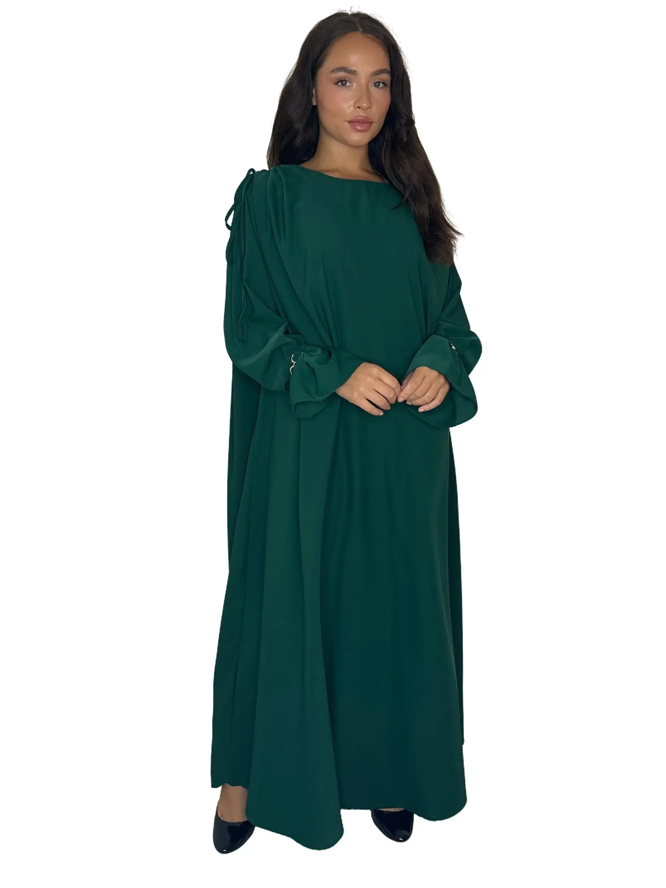 BOAT NECKLINE FRILL EMBELISHED LONG SLEEVEE RELAXED MODEST DRESS Casual Elegant Womenswear Formal
