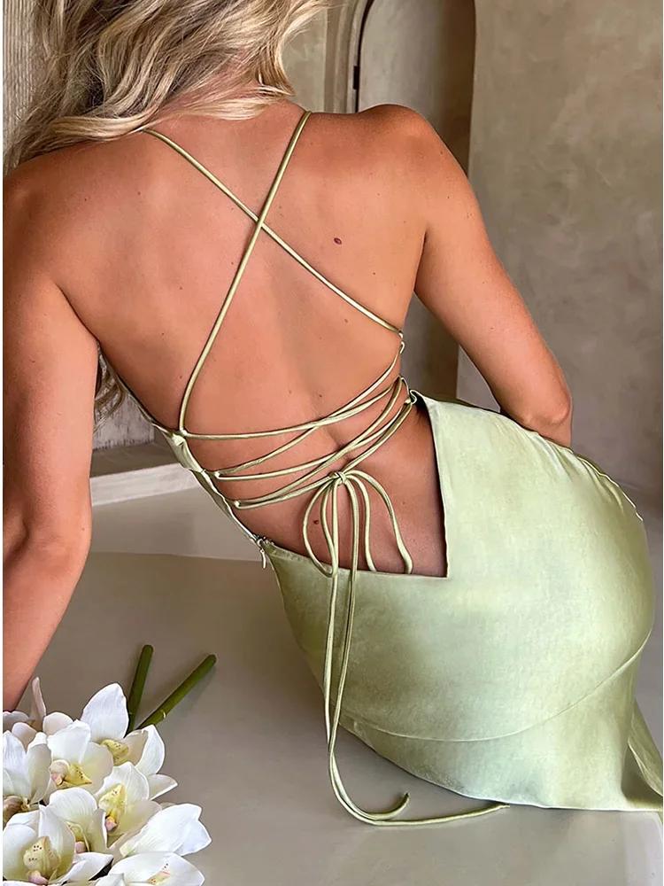 Product Introduction of Bandage Backless Elegant Dress Split Hem Spaghetti Strap Slim Cocktail Party Club Fashion Satin Solid Lace-Up Long Dresses 22
