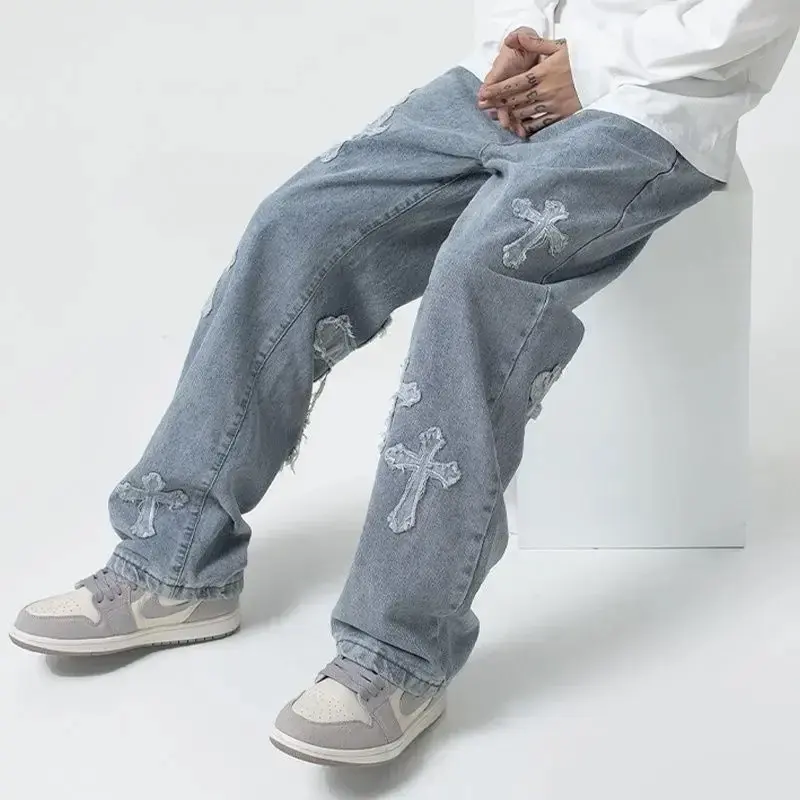 Trendy High-street Cross-stitch Jeans For Men Hip-hop Streetwear Straight-leg Loose-fit Wide-leg Long Pants Casual Scene Menswear Trouser 1
