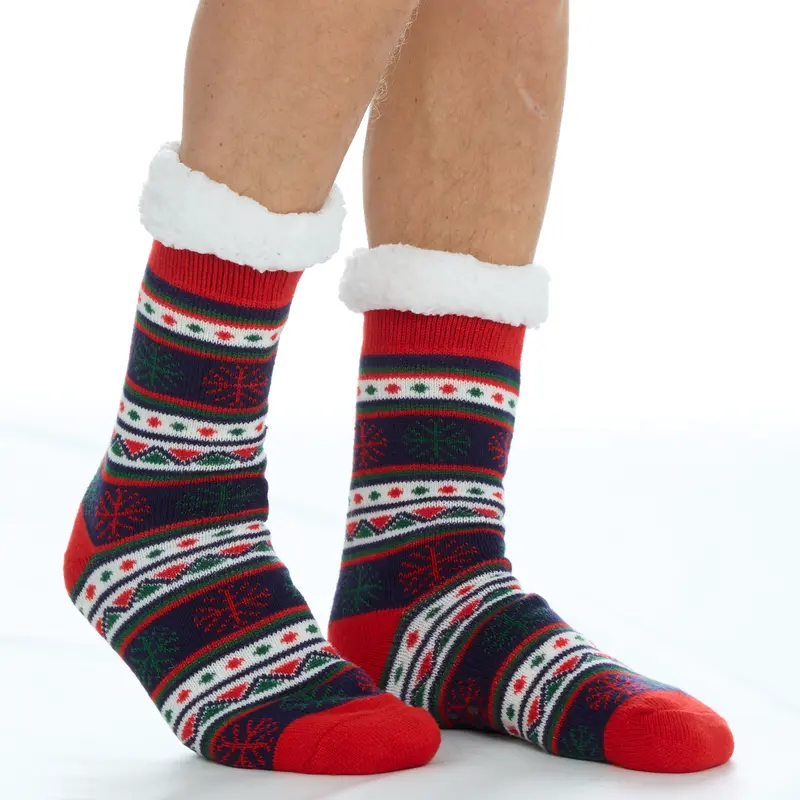 1 Pair Mens Christmas Chunky Warm Slipper Socks Lounge Socks Thermal Non Slip Festive Fair Isle Navy Red Pattern Sherpa Fleece Lined Non Slip  Bed Socks Winter Socks for Him UK 6-11 Navy Thick Warm Mid Calf Christmas Socks Menswear Underwear Thick 4