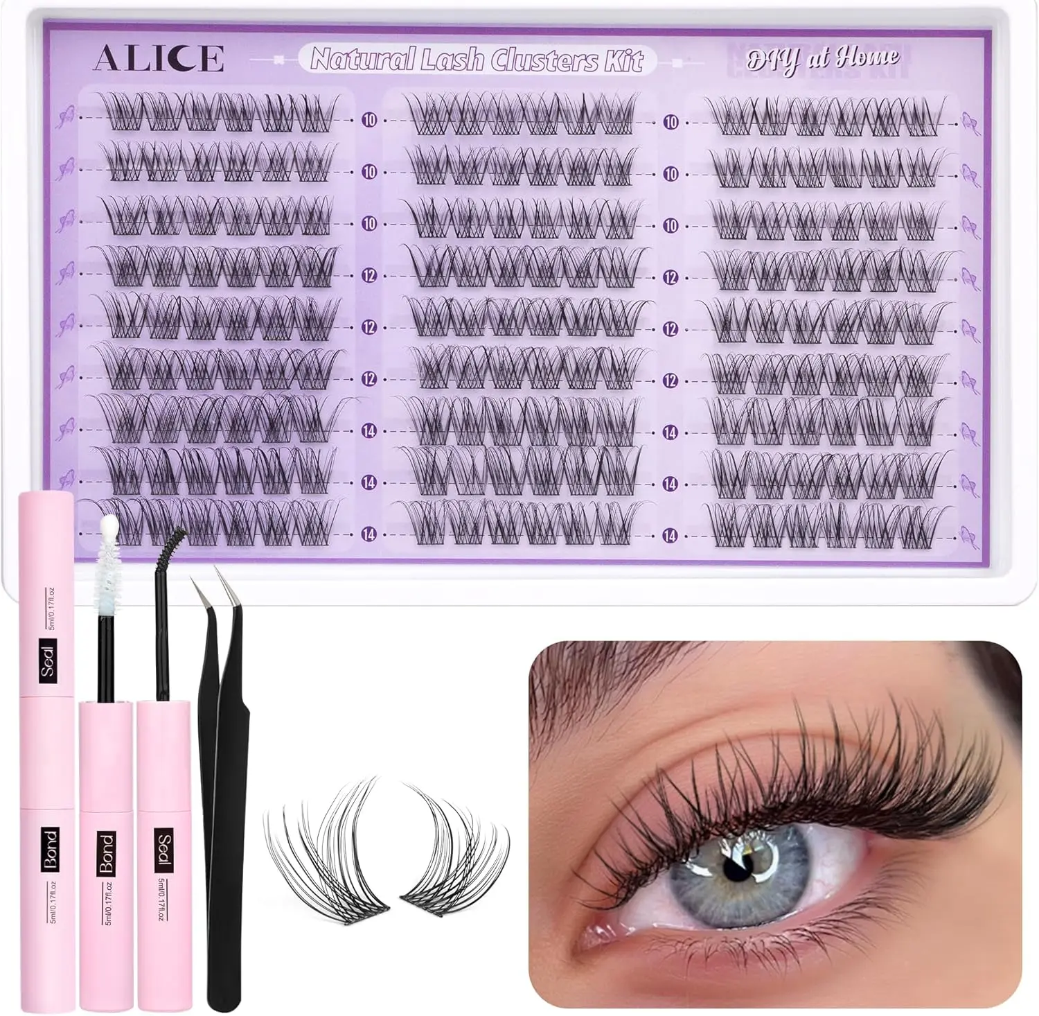 Individual Eyelashes Cluster Lashes Kit, Natural Lash Extension Kit Cluster Eyelash Extension Kit, 162pcs C Curl 10-14mm Eyelash Clusters with Lash Glue Bond and Seal Tweezers by ALICE Makeup Cosmetic