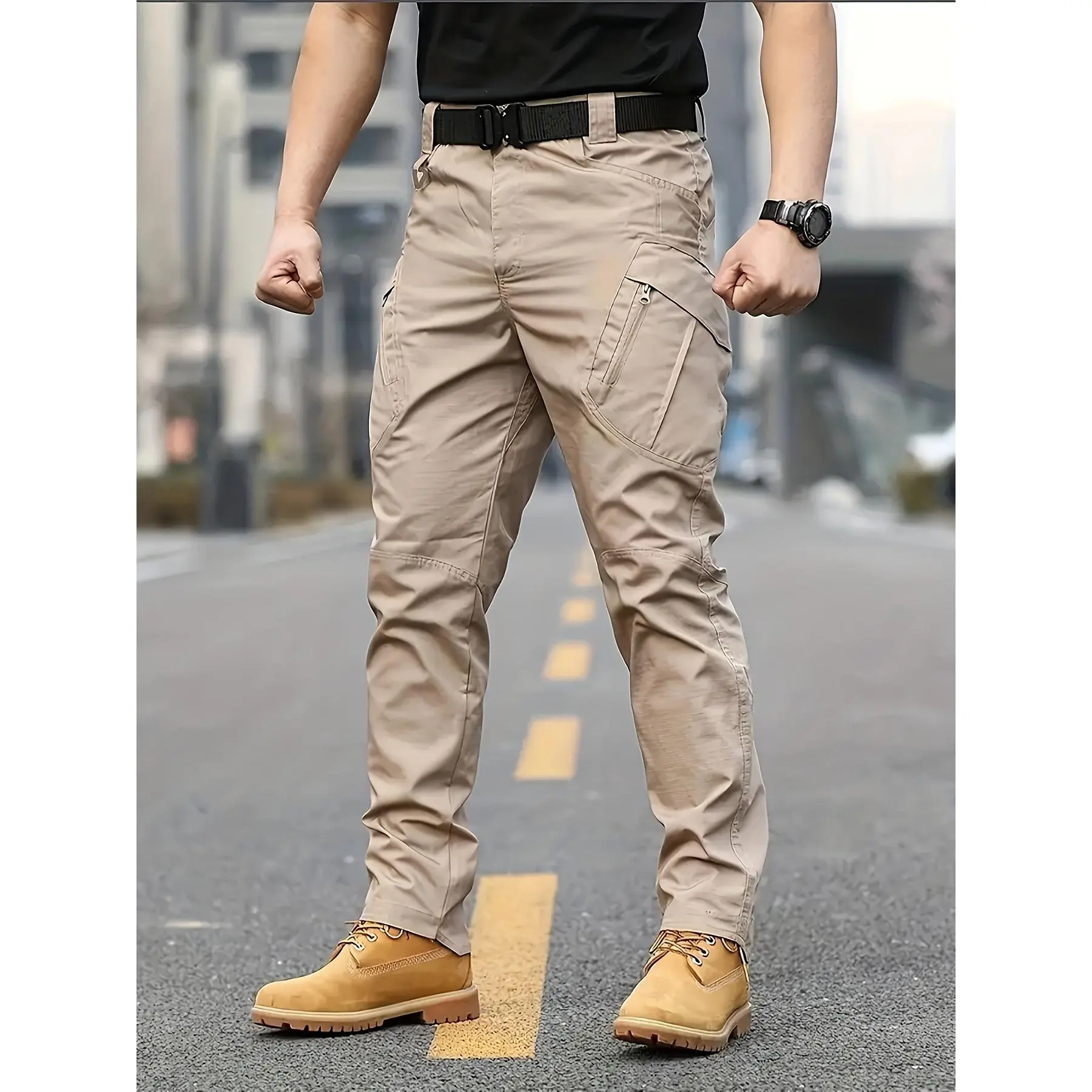 holiday outfits 2025 Men's Tactical Pants Polyester 100% Sports Style, Non-Stretch Solid Cargo Trousers with Pockets for Hiking and Casual Weekend, Four Season Wear, Regular Fit Adult Woven Pants Menswear Beige Plain Black