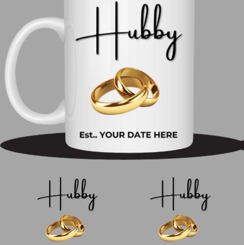 CUSTOMISED HUBBY  AND WIFEY MATCHING MUGS PERFECT FOR ANNIVERSARY OR WEDDING GIFT, personalised with name or date, various designs available 2